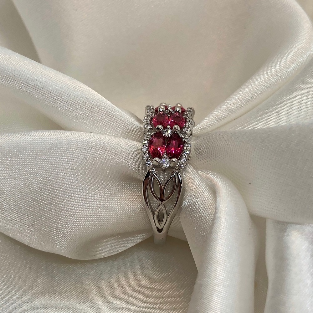 STERLING SILVER MARQUISE & ROUND CUT RUBY CZ RING - Picture 4 of 8